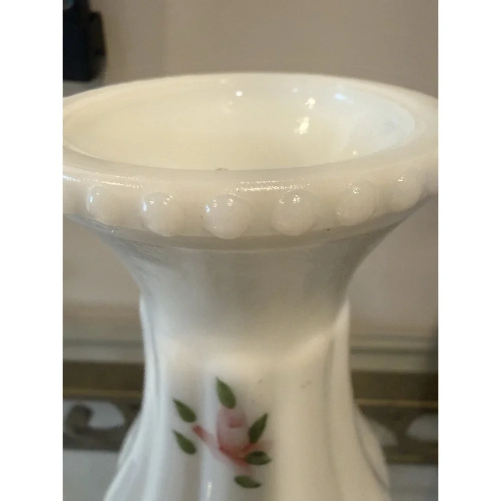Vintage Milk Glass Painted Pink Floral Roses Design Hurricane Lamp Chimney Shade